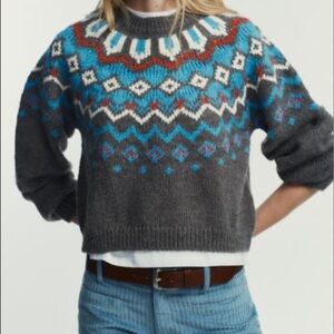 Zara Multicolor Patterned Crew Neck Sweater